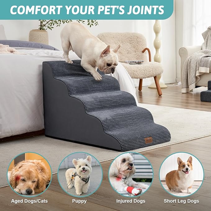 Extra Wide Dog Stairs 19.7" Width, Large Pet Step for Small Medium Dog, Puppy or Cat, Ramp for High Bed or Car, High Density Foam Ladder, Stable, 5 Step, 19.7x33x22.4 in, Dark Grey-PawvioPets