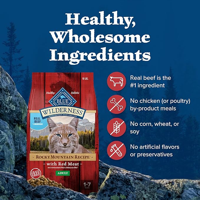 Blue Buffalo Wilderness Adult Dry Cat Food, Rocky Mountain Recipe, Chicken-Free & Grain-Free Recipe Made with Natural Ingredients, Red Meat, 10-lb Bag-PawvioPets