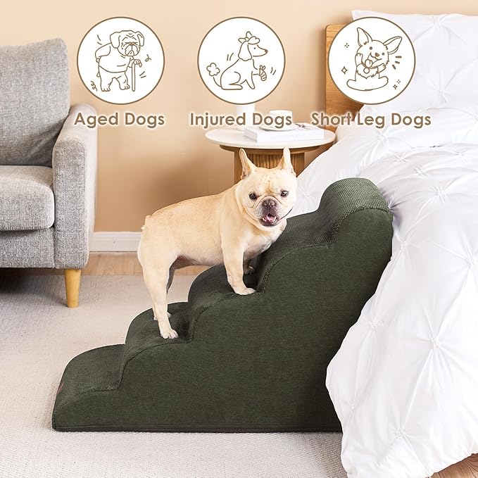EHEYCIGA Curved Dog Stairs Ramp for High Beds 22.6" H, 5-Step Dog Steps for Small Dogs and Cats, Pet Stairs for High Bed Climbing, Non-Slip Balanced Pet Step Indoor, Olive Green-PawvioPets