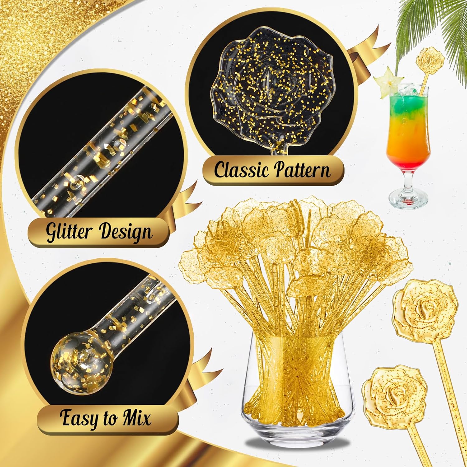 100 Pcs Gold Glitter Drink Stirrers Cocktails Plastic Swizzle Sticks 7.5 Inch Cupcake Pop Sticks Toppers Rose Top Wedding Drink Stirrers for Mixed Drinks Coffee Birthday Wedding Party