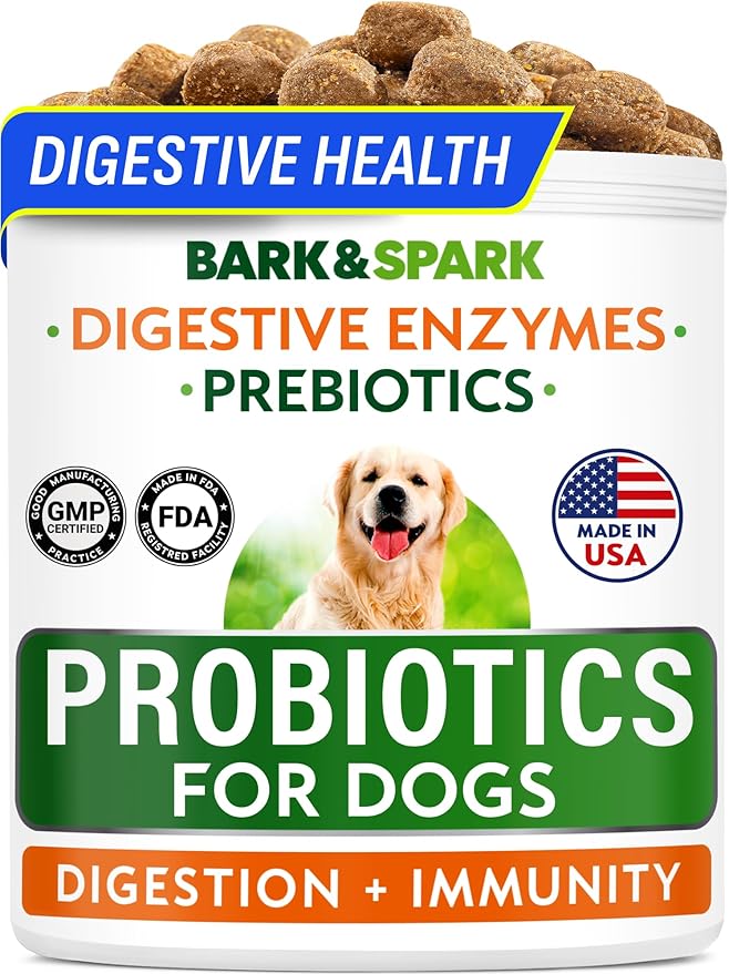 BARK&SPARK Dog Probiotics for Digestive Health w/Enzymes - Diarrhea Gas Treatment Upset Stomach Relief - Allergy & Itchy Skin - Pet Probiotics for Dogs - Digestion Supplement Treat (120Ct Chicken)-PawvioPets