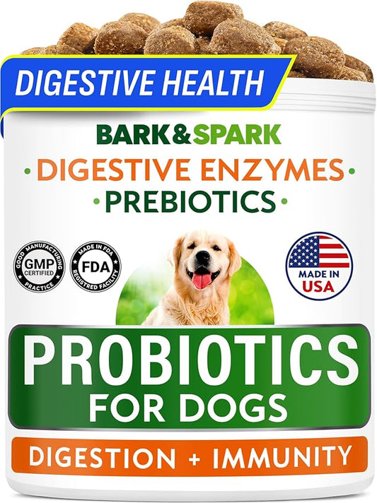 BARK&SPARK Dog Probiotics for Digestive Health w/Enzymes - Diarrhea Gas Treatment Upset Stomach Relief - Allergy & Itchy Skin - Pet Probiotics for Dogs - Digestion Supplement Treat (120Ct Chicken)-PawvioPets