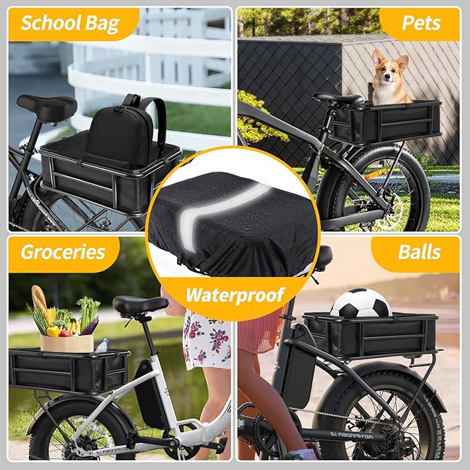 Bike Basket Rear with Liner,Waterproof Cover,Cargo Net Large Rear Bike Basket,Heavy Duty Bicycle Rear Basket for Electric Bike, Ebike,Great for Bike Trip,Carrying Grocery,Ball,Dog-PawvioPets