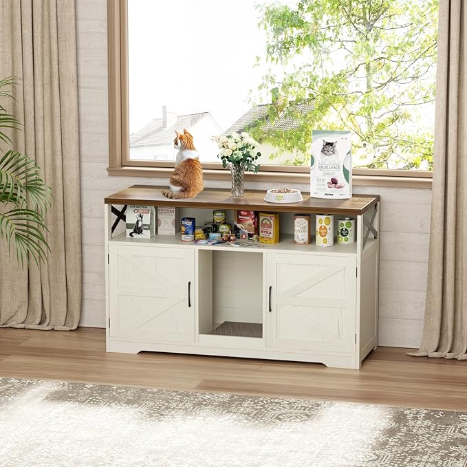 Cat Litter Box Enclosure for 2 Cats, 47" Double Hidden Litter Box Furniture with Scratch Pad, Farmhouse Indoor Litter Box Cabinet Cat Washroom, White-PawvioPets