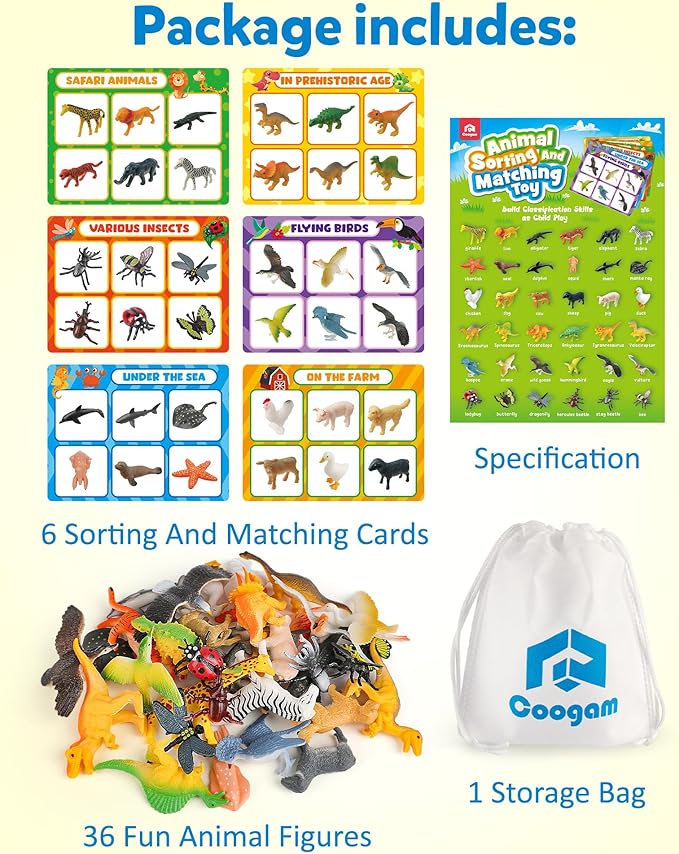 Coogam Sorting Toys for Toddles, Animals Figures Dinosaurs Birds Insects Cognition Matching Game Playset, Fine Motor Learning Activities Educational Toy Gift for 3 4 5 Year Old Kid-PawvioPets