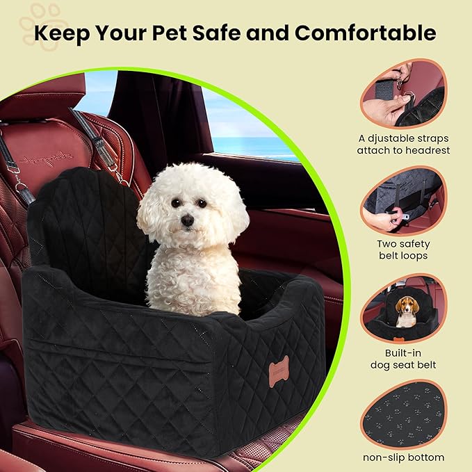 Dog Car Seat for Small Dogs Under 30lbs, Detachable Washable Pet Booster Seat with Safety Belt & Storage Pockets, Travel Car Bed, Black-PawvioPets
