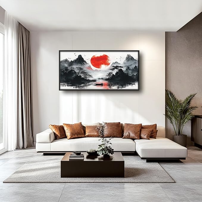 Framed Large Japanese Mountain Wall Art for Living Room, Oversized Asian Red Sun Lake Landscape Wall Decor Nature Canvas Painting Home Decoration for Living Room Bedroom Office 60"x30"-PawvioPets