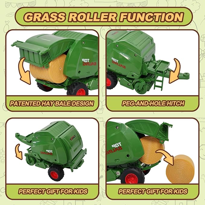 Farm Tractor Toys Set Bale Haying Round Baler with Barn Farmer,Cow,Farm Tools,Tree Farm Tractor Pla yset for Kids Toddler Boys Girls Ages 3-7 Years-PawvioPets