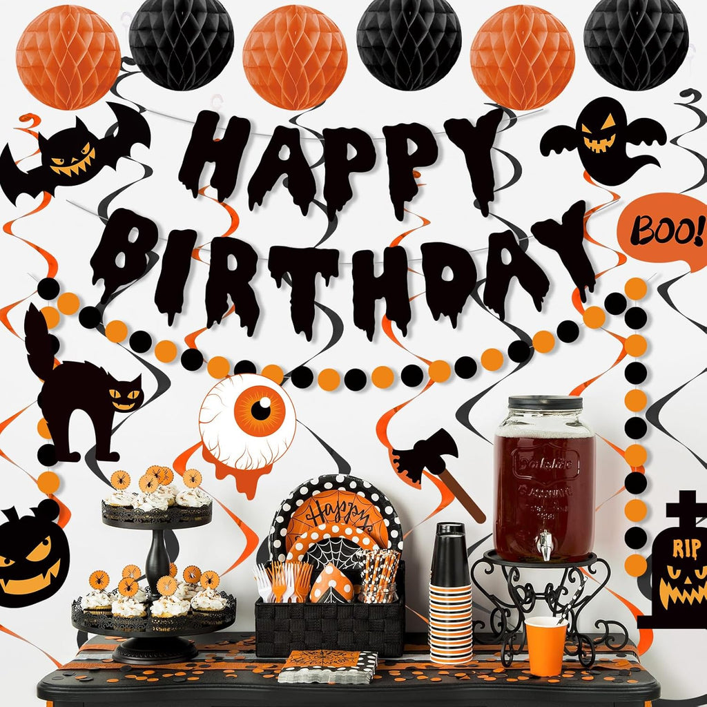 Halloween Birthday Decorations, Happy Birthday Banner for Halloween Party, Kid's Party Decorations with Honeycomb Balls, Hanging Swirl Streamers, Circle Dot Garland