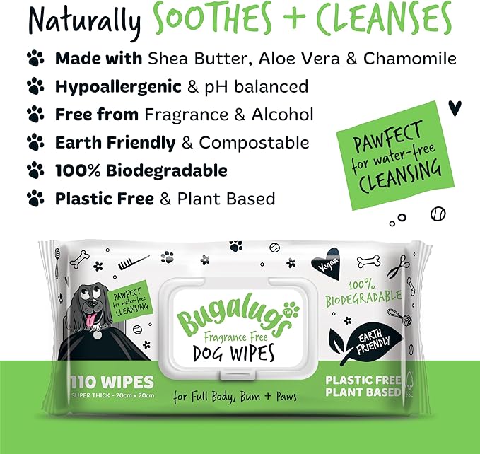 Dog Wipes, 100% Plastic Free Biodegradable pet Wipes for Full Body, Eye Wipes, Ear Wipes, Bum & Paws. 110 Sensitive Dog Grooming Wipes for Dogs, Puppy & cat Grooming (Fragrance Free)-PawvioPets