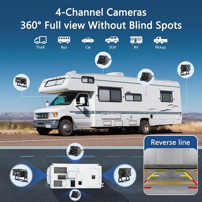 4 Channel Backup Camera System,Touchable 10.26 inch Monitor with DVR Stereo, 64GB Card, IP69 Waterproof, Nightvision 1080P Backup Camera for RV/Truck/Trailer Pickup,Rear Side Front Wired System-PawvioPets