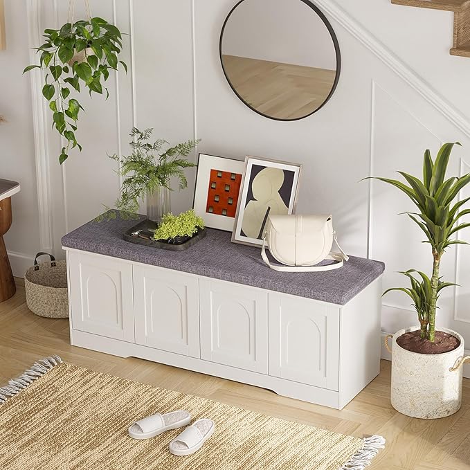 DINZI LVJ Shoe Bench, Entryway Storage Bench with Doors, Cushion, 2-Tier Shoe Rack with 8-Cubby, 47.2”L x 13.8”W Shoe Organizer Cabinet, Adjustable Shelf, Living Room, Bedroom, White-PawvioPets