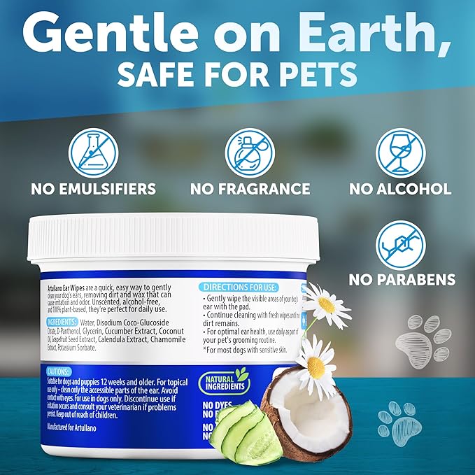 Dog Ear Wipes - 100 ct - Removes Wax and Dirt - Soothing Ear Cleaner Wipes for Dogs, Puppies - 100% Plant Based, Unscented with Coconut Oil - Ear Infection Treatment to Relief Itching & Inflammation-PawvioPets