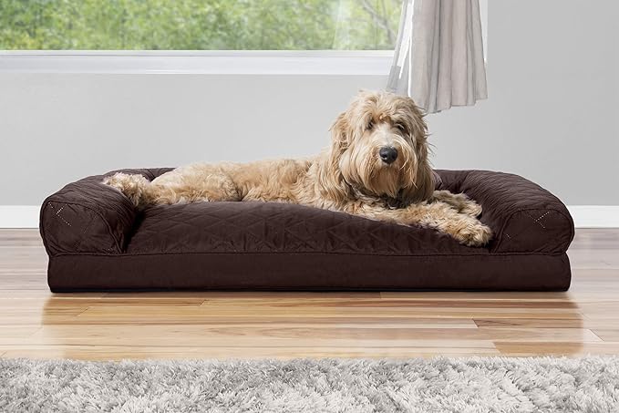 Furhaven Pillow Dog Bed for Large/Medium Dogs w/ Removable Bolsters & Washable Cover - Quilted Sofa - Coffee, Large-PawvioPets