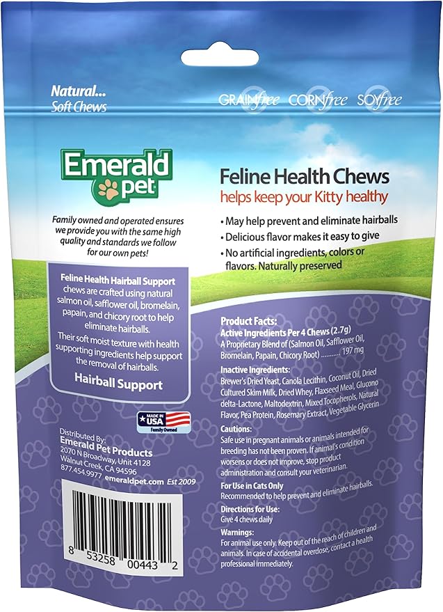 Emerald Pet Feline Health Chews Hairball Support — Natural Grain Free Feline Hairball Control Chews — Hairball Control Cat Supplements for Hairball Prevention and Elimination — Made in USA, 2.5 oz-PawvioPets