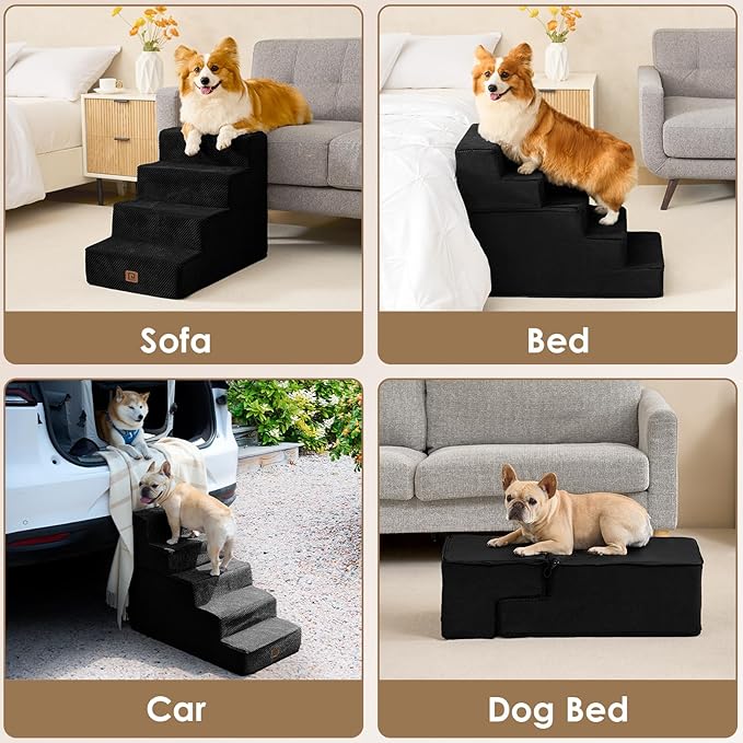 EHEYCIGA Dog Stairs for Small Dogs 13.5" H, 3-Step Dog Steps for Couch Sofa and Chair, Pet Steps for Medium Cats, Non-Slip Balanced Pet Ramp Indoor, Black-PawvioPets