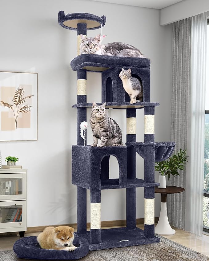 Globlazer Heavy Duty Cat Trees for Large Cats, Sturdy 72in Maine Coon Cat Tree for Large Cats 20 lbs+ Heavy Duty Cat Tower for Adult Biggest Cat with 6 Scratching Posts, Hammock, S72, Smoky Gray-PawvioPets