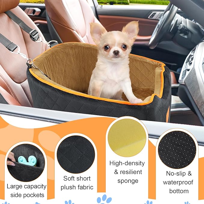 Dog Car Seat for Small Dogs, Memory Foam Booster Dog Seat for Dogs up to 35 lbs, Elevated Pet Car Seat with Washable Removable Cover, Storage Pockets-PawvioPets