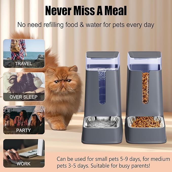 Automatic Cat Feeder and Cat Water Dispenser Set with Stainless Steel Bowls Gravity Dog Feeder for Small Medium Big Dog Pets Puppy Kitten, 3.8Lx 2-PawvioPets