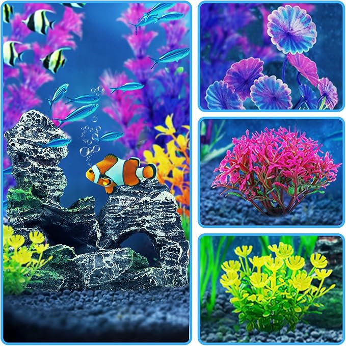 Fish Tank Accessories Aquarium Decorations Plants, 9pcs Colorful Fish Tank Artificial Plants and Cave Rock Decor Set, Aquarium Decor Plastic Plants-PawvioPets