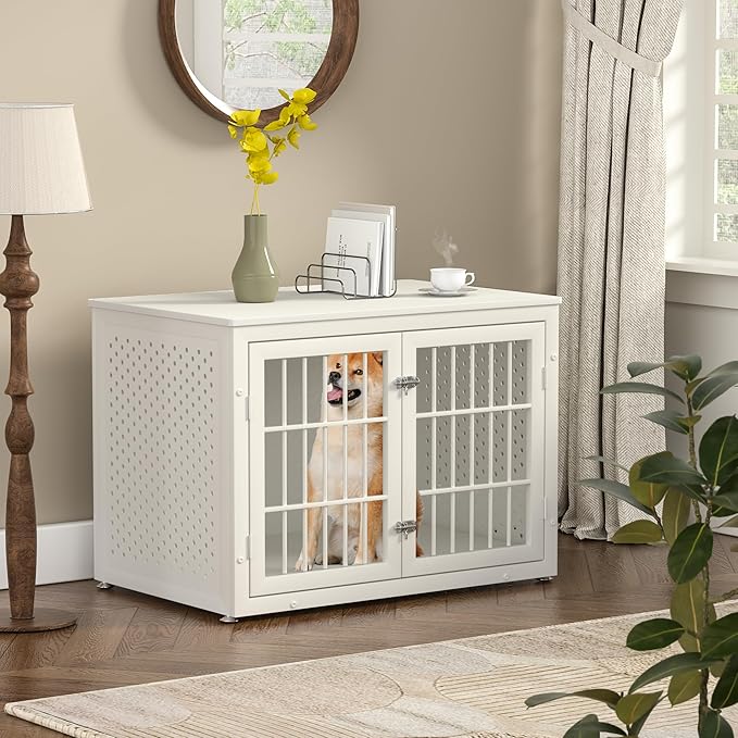 38" Heavy Duty Dog Crate Furniture for Large and Medium Dogs,Wooden Metal Kennel for High Anxiety Dogs, Chew Proof Pet Cage Indoor, Decorative Dog Kennel End Table, White-PawvioPets