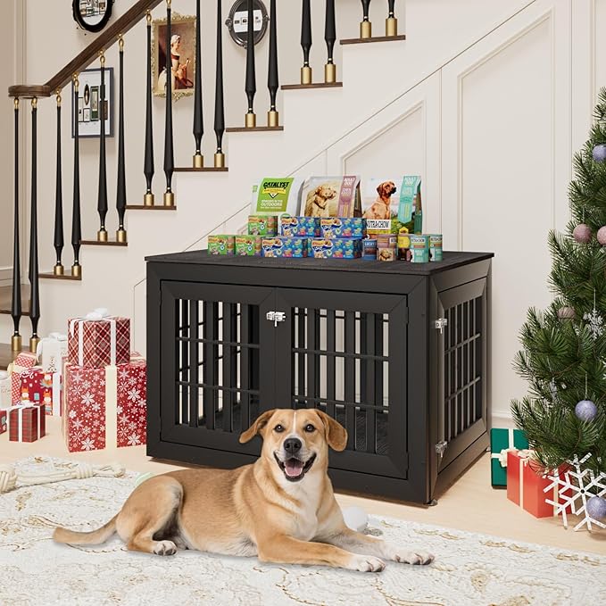 42" Heavy Duty Dog Crate Furniture for Small,Medium and Large Dogs,Rustic Wooden Dog Cage Kennel Indoor Furniture with Waterproof Top,Decorative Pet House Side End Table (Black & Grey)-PawvioPets