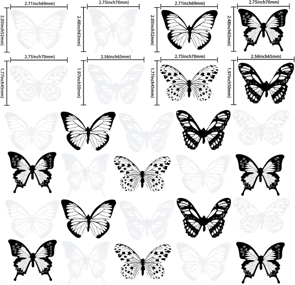 Gyufise 36Pcs Butterfly Cupcake Toppers - Lively PVC Art 3D Cake Decorations for Baby Shower, Kids Birthday Party - Black, White, Transparent