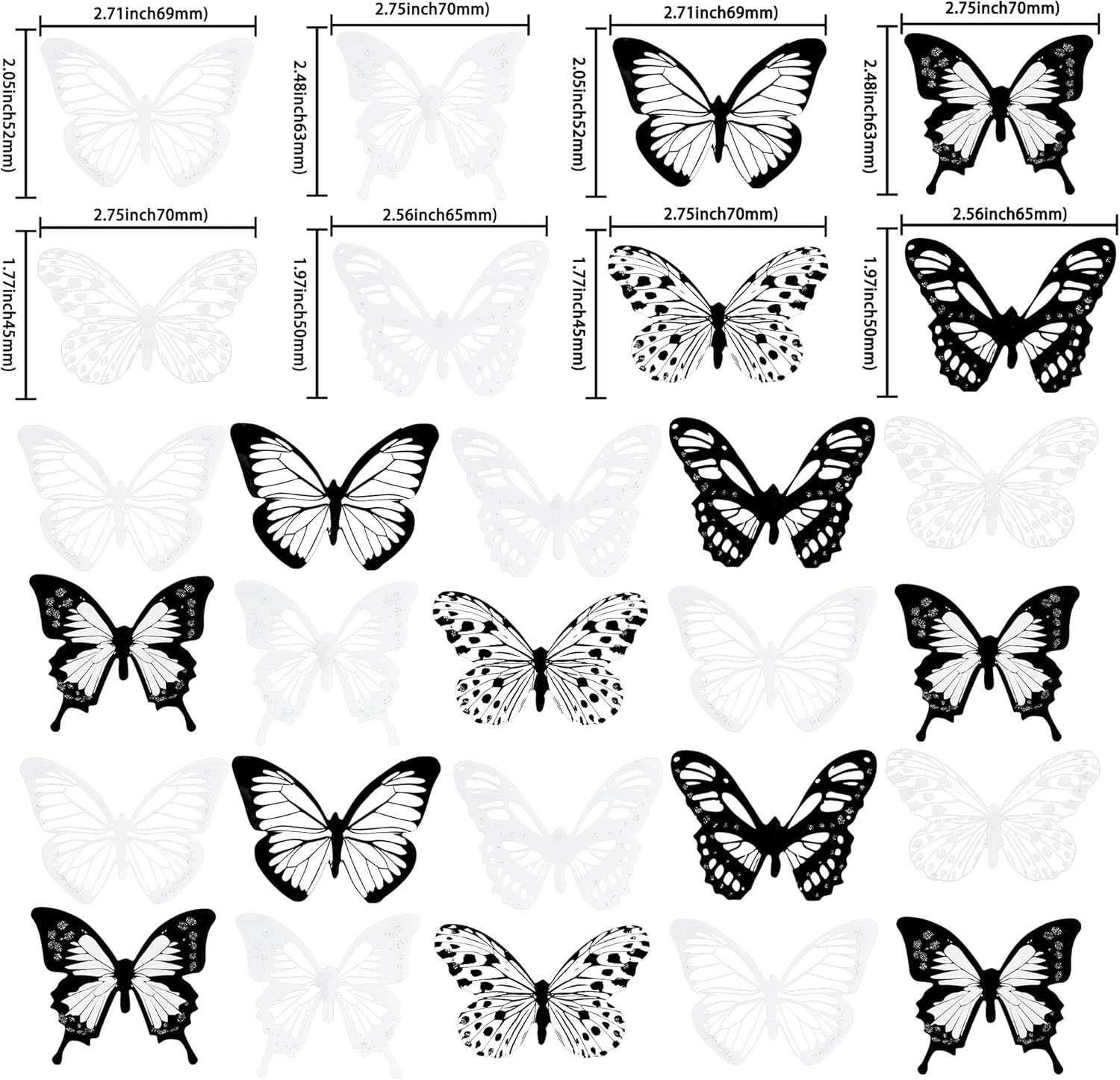 Gyufise 36Pcs Butterfly Cupcake Toppers - Lively PVC Art 3D Cake Decorations for Baby Shower, Kids Birthday Party - Black, White, Transparent