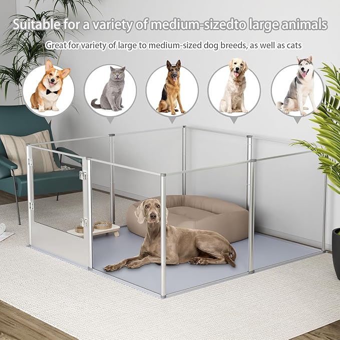 Dog Clear Playpen Fence Kennel: 32” Extra Tall Indoor Pet Birthing Cage Whelping Box with Waterproof Fertility Pad - 52”x52” Extra Large Dogs Exercise Crate Pen Made by Acrylic and Aluminum Frame-PawvioPets