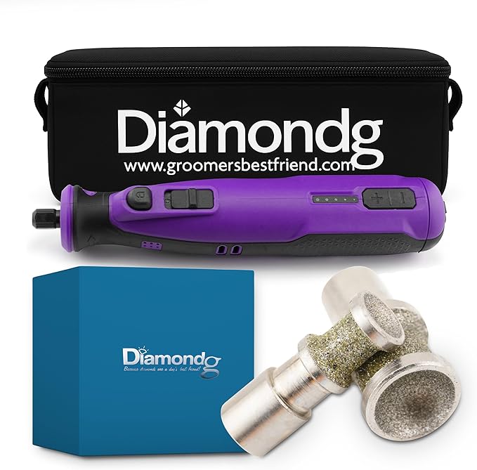 Diamondg Cordless Dog Nail Grinder with Quiet Sound & LED Tip for Large & Small Dogs, 4hrs. Runtime, 2 Bits Included, Purple-PawvioPets