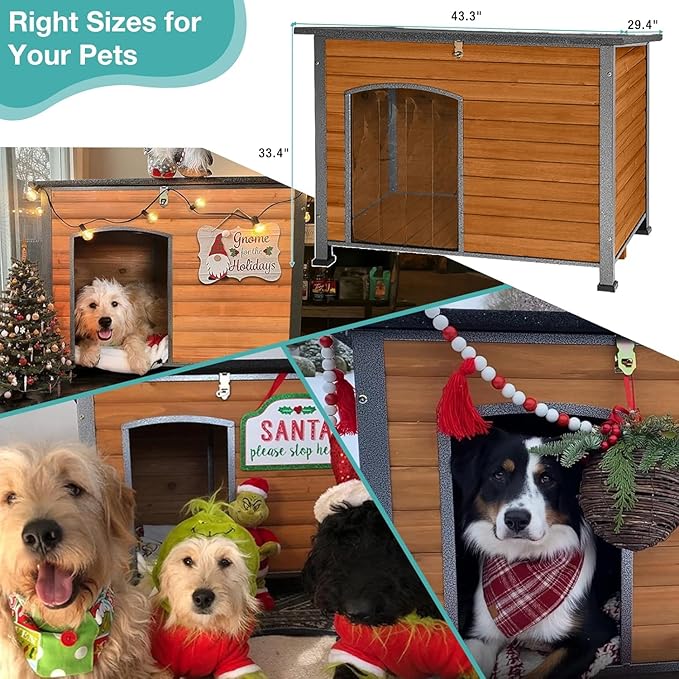 Feral Dog House Outdoor,Anti Bite Iron Frame Dog Kennel,Wood Warm Pets Home,Insulated Weatherproof Outside Shelter for Feral Animal (43.3" (L) x 29.4" (W) x 33.4" (H)-Brown-in)-PawvioPets