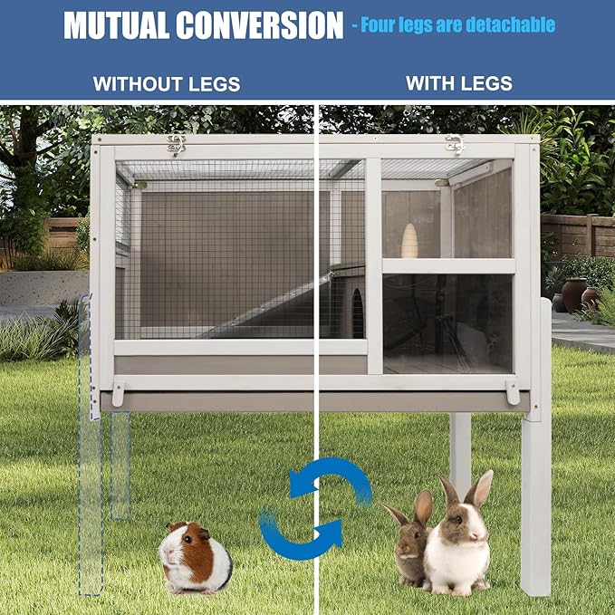 38" L Rabbit Hutch Bunny Cage,Fir Wood Rabbit Cage Indoor Outdoor with Pull Out Tray,Bunny Hutch with Ramp and Hideout,Guinea Pig Cages Rabbit Hutch Indoor with Detachable 4 Legs-PawvioPets