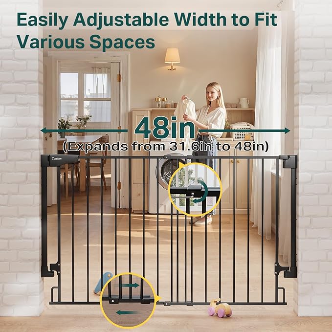 Cumbor 31.6-48" No Bottom Bar Baby Gate for Stairs, 2-in-1 Auto Close Dog Gate Indoor, Hardware Mounted Pet Gate for Doorways with Large Walk Thru Door, Child-Proof Safety Gate for Kids (Black)-PawvioPets