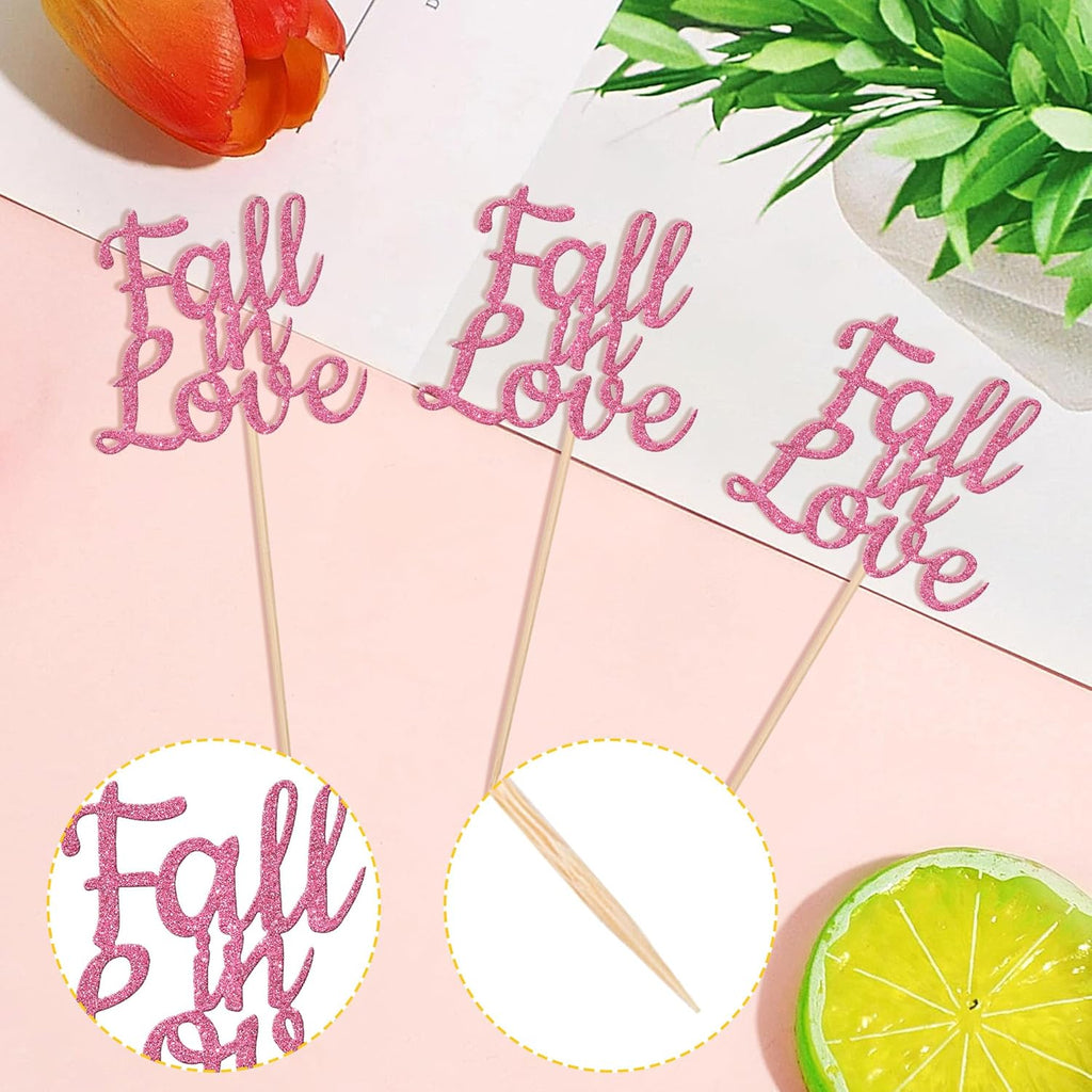 24 PCS Fall in Love Cupcake Toppers Glitter Fall Theme Party Cupcake Picks Bridal Shower Cupcake Decorations for Autumn Wedding Engagement Anniversary Birthday Party Cake Decorations Supplies Pink