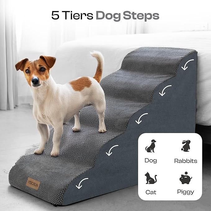 5-Step Curved Dog Stairs for High Beds Up to 30", Non-Slip Foam Pet Ramp for Large Dogs and Cats, Washable Cover, Soft Climbing Steps for Couch & Sofa-PawvioPets