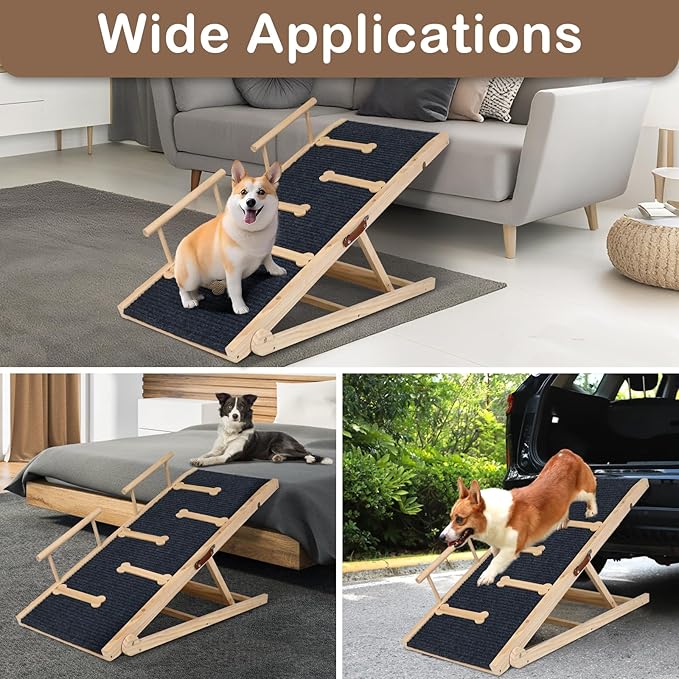 Dog Ramp for Bed Couch Extra Wide Folding Pet Ramps for Large Dogs to Get on Bed, Portable Doggie Steps 6 Adjustable Height 27.3”, 47.3" Long-PawvioPets