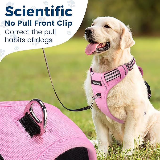 Funfox Dog Harness No Pull, Adjustable Pet Vest Harness, Super Soft Material with Vertical Handle Easy Control, Reflective Night Walking, 2 Leash Clips for Medium Sized Dogs, Pink, M-PawvioPets