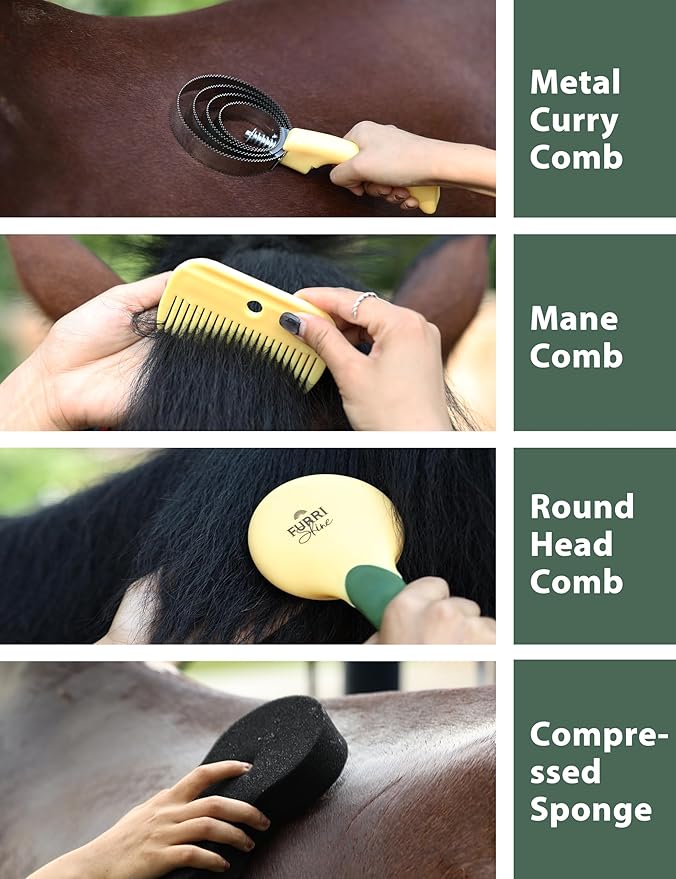 9PCS Horse Grooming Kit Curry Comb Sweat Scraper Horse Bathing Supplies Grooming Tools with Storage Bag Pasture Glow-PawvioPets