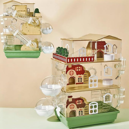 17 in 1 Clear Acrylic Hamster Cage with All Accessories,13.5''L* 10''W* 21''H Dwarf Hamster Cage,Magnetic Connection Small Hamster Enclosure,Garden Style Wooden Pet Mouse Cage for Pet Mice(3-Layer)-PawvioPets