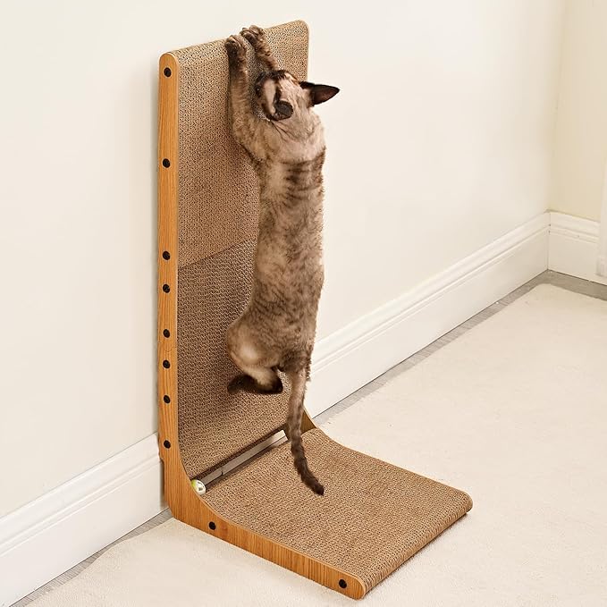 EHEYCIGA Cardboard Cat Scratcher for Indoor Cats, 32 Inch L Shaped Vertical Cat Scratching Board with Ball Cat Toy, Extra Large Cat Scratcher Pad, Brown-PawvioPets