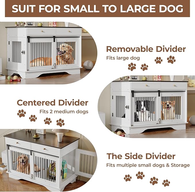 Dog Furniture Crate, 47" Large Dog Crate Furniture w/ 2 Storage Draws & Removable Divider for Large/Medium/Small Dogs (White, Double Cage)-PawvioPets