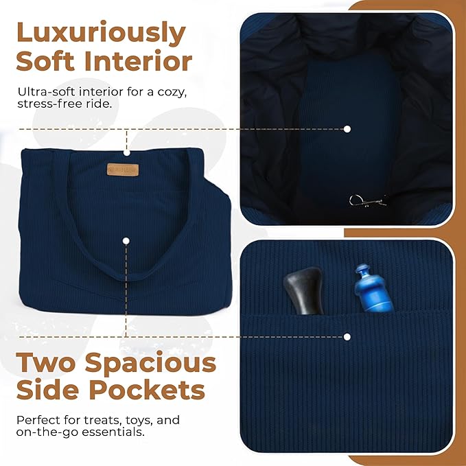 Corduroy Dog Carrier - Lightweight Cotton Soft-Sided Pet Tote with Safety Harness Clip - Breathable Travel Carrier for Small Dogs and Puppies (Dark Blue)-PawvioPets