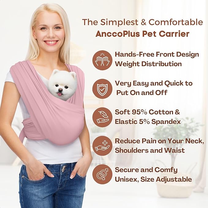Dog Carriers for Small Dogs, Front Facing Dog Sling Carrier, Hands Free Cat Carrier, Size Adjustable, Reducing Back Pain, Premium Cotton, Safe and Soft Dog Carrier (Plus, Light Pink)-PawvioPets