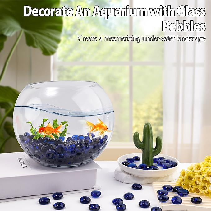 Blue Glass Marbles, 0.97 LB Transparent and Smooth Flat Glass Beads for Vases, Mosaic Gem Pebbles for Aquarium Decor, Floral Arrangements, Mancala Stones, Vase Filler and Crafts (Approx. 80-100 PCS)-PawvioPets