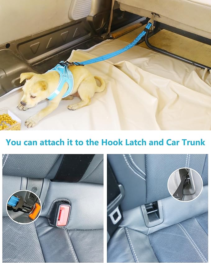AUBELL Dog Seat Belt for Car,2 Pack Set 3-in-1 Adjustable Reflective Bungee Heavy Duty Dog Car Harness Tether with Clip Hook Latch & Buckle,Swivel Zinc Alloy Carabiner,Black+Blue-PawvioPets