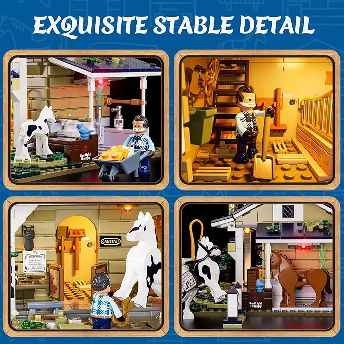 FUNWHOLE Farm Horse-Stable Lighting-Building-Bricks Set - Farm Life Horse Animals Cabin Collection LED Light Cottage Model Display Set 973 Pcs for Adults and Teen-PawvioPets