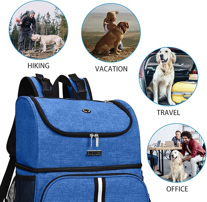 BAGLHER Pet Travel Bag, Double-Layer Pet Supplies Backpack (for All Pet Travel Supplies), Pet Travel Backpack with 2 Silicone Collapsible Bowls and 2 Food Baskets Blue-PawvioPets