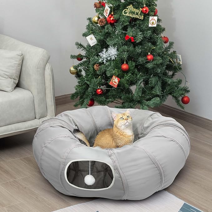 AUOON Cat Play Tunnel - Round Cat Tunnel with Bed | Interactive Cat Toys for Indoor Cats Kitten Kitty Puppy Rabbit Ferret (Light Grey)-PawvioPets
