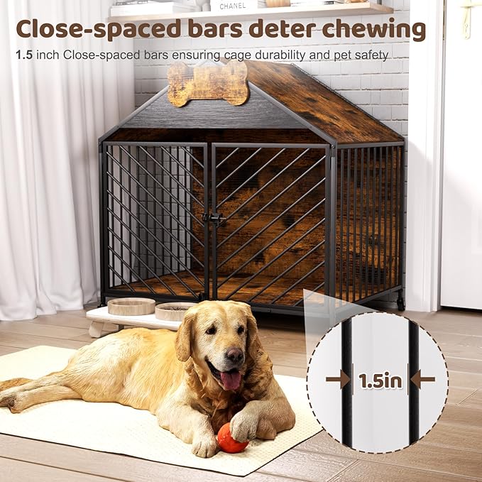 Furniture-Style Dog Crate with Gable Roof Design, Double Locking Doors Indoor Kennel for Small & Medium Dogs, Chew-Proof Escape-Proof Dog Cage, Rustic Brown-PawvioPets