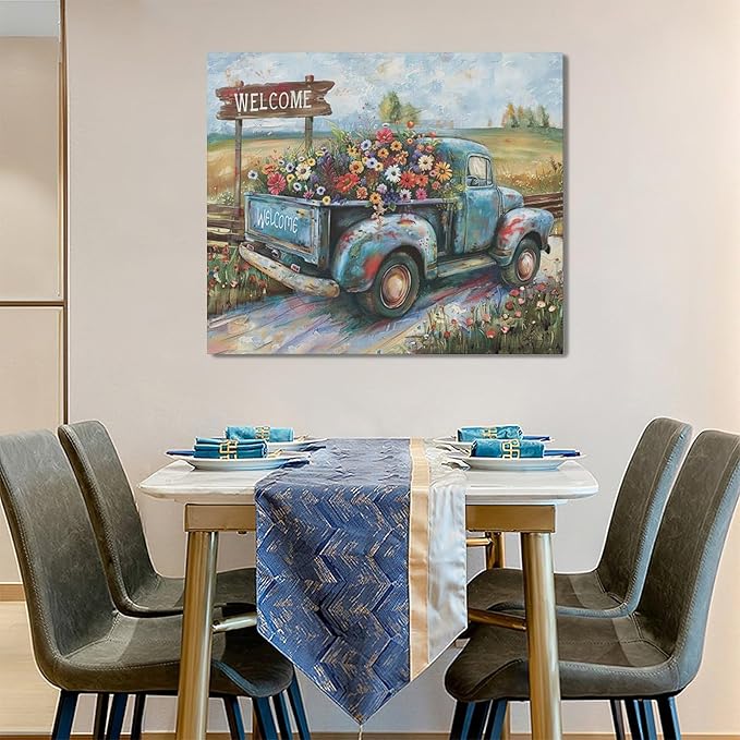 Farmhouse Truck Wall Art Rustic Country Wildflowers Wall Decor Road Flowers Landscape Pictures Canvas Print Painting Artwork for Bathroom Living Room Bedroom 20"x24"-PawvioPets